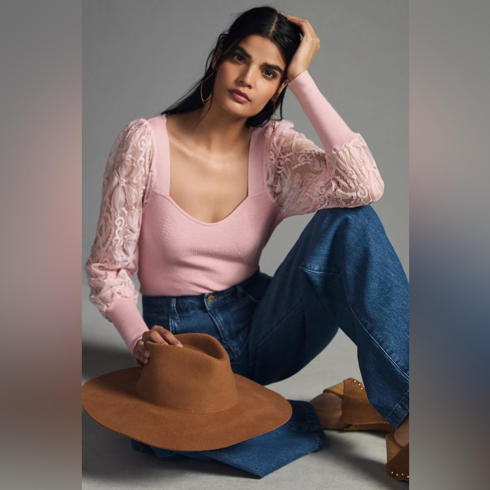 Anthropologie Lace-Sleeve Sweater